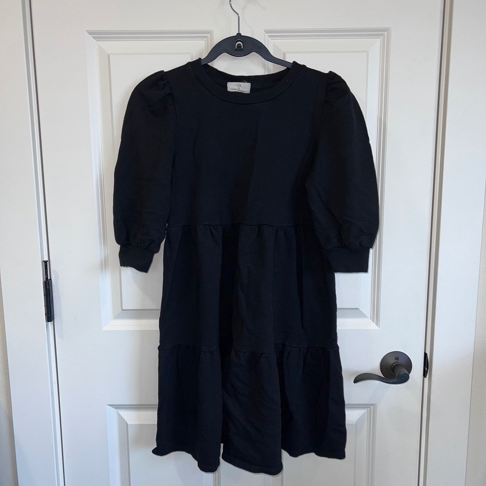 Anthropologie t. la‎ Black Puff Sleeve Tiered Savannah Sweatshirt Mini Dress XXS